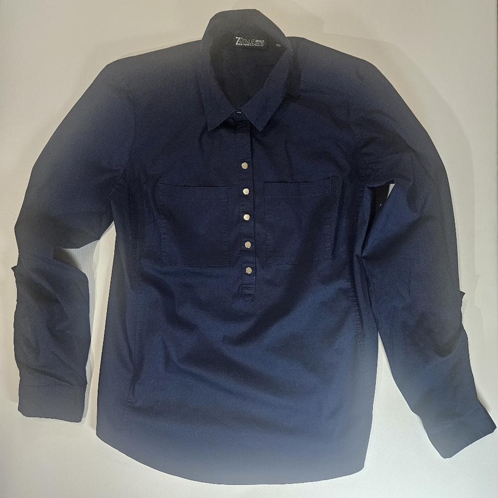 New York & Company Blouse‎ Womens Small Navy Blue 1/4 Button Pocketed Office Top